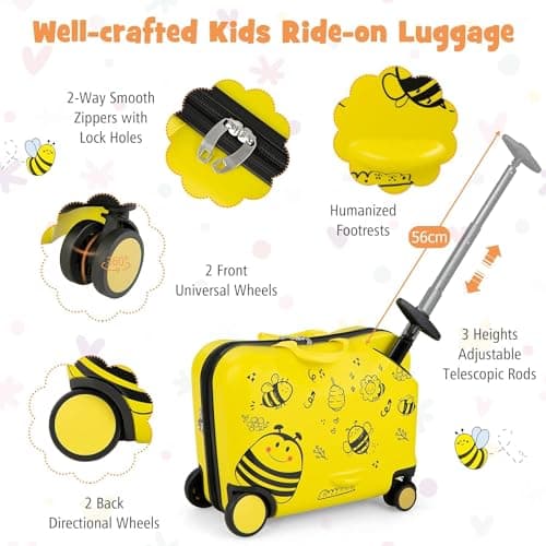 2PC Kids Luggage Set, 4 in 1 Toddler 17L Ride-on & Carry-on Hardshell Suitcase with Wheels, Anti-Lose Rope, 4L Backpack Set, Lightweight Travel Rolling Trolley for Boys Girls (Yellow Bee) — view 3