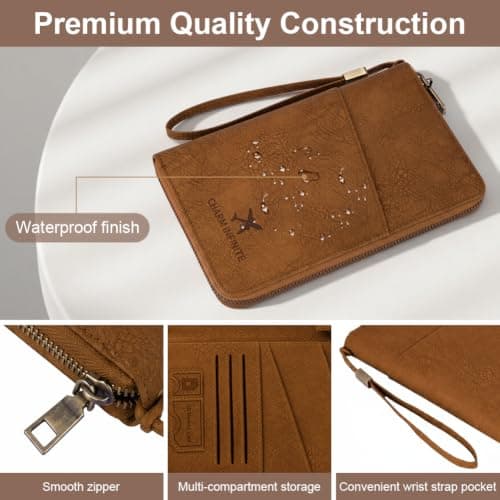 AOOSU Travel Wallet, Family Passport Holder, RFID Blocking Travel Accessories Document Organiser, Travels Document Holder for Tickets Waterproof Cover Holiday Essentials Case for Man & Woman Brown — view 3