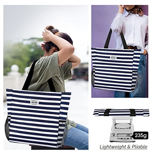 HOMESPON Large Waterproof Beach Tote Bag with Zip and Pockets for Women (Blue & White Stripe) — view 2