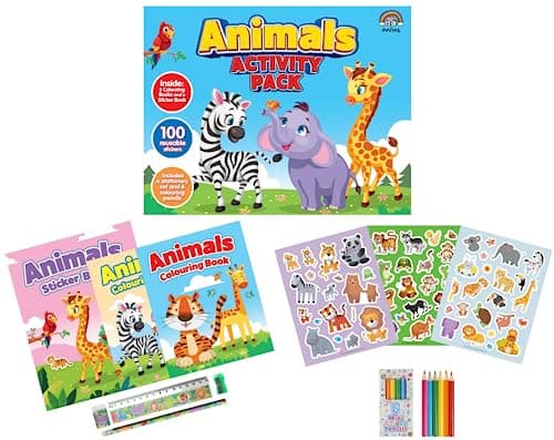 Anila's Animals Activity Pack with Colouring Books, Sticker book, Stationery Set, Colouring Pencils & 100 Reusable Stickers.(Perfect for children aged 3-8).