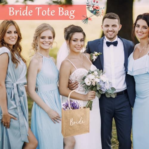 SwirlColor Bride Bag, Minimalist and Reliable Jute Tote Bag Hen Party Bags Bride Gift Bag for Wedding Day Bridal Shower, Suitable for Grocery Picnic Beach Holiday (Brown Bride) — view 2