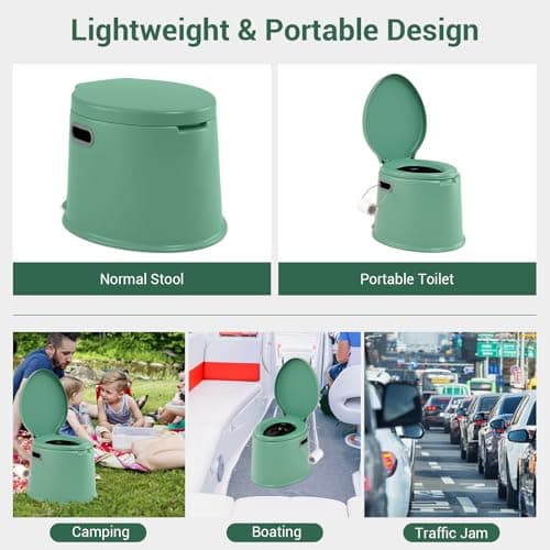 COSTWAY 5L Portable Travel Toilet with Seat, Handle, Lid and Roll Holder, Outdoor Indoor Lightweight Compact Toilet for Hiking, Fishing, Camping Festivals Use, Hold Up to 200kg (Green) — view 2