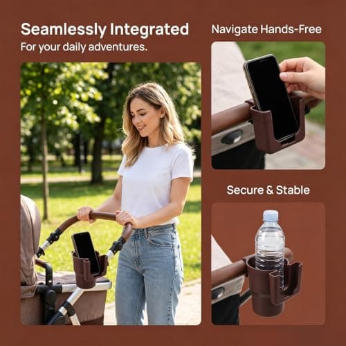 Stroller Cup Holder with Phone Mount for Pushchairs, Brown PP — view 3