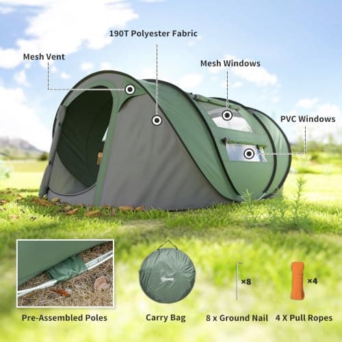Outsunny 3 Person Pop-up Camping Tent w/Ground Sheet 4 Windows Dark Green — view 6