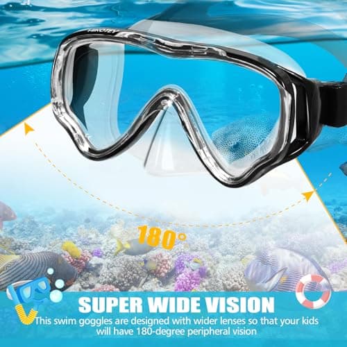 HIKOTEY Children's Snorkel Set,Panoramic Wide View Diving Mask,Snorkeling Gear Anti-Leak and Anti-Fog Tempered Glass Lens,Dry Snorkel Tube,Includes Earplugs and Nose Clip for Age 4-16 Years(Black) — view 3