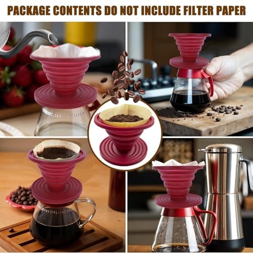LAIYORA Collapsible Pour Over Coffee Dripper with 50 Filters Reusable Silicone Coffee Filter for Camping Travel Home Office V02 Size 2-4 Cups Red — view 6
