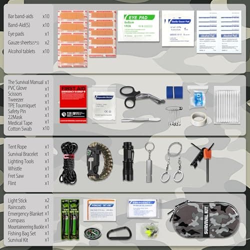 Survival Kit,74 Piece Survival Gear First Aid Kit,Waterproof Emergency Medical Kit Earthquake, Outdoor Adventure, Hiking, Hunting,Camping,Present for Men Women(Camouflage gray) — view 2