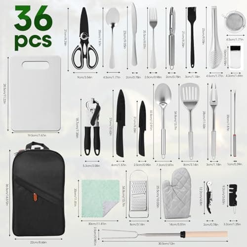 Portable Camping Cooking Utensils Set, 36 Pcs Stainless Steel Camping Kitchen Utensil Organizer, Cutting Board, Bottle Opener and Storage Bag Camping Accessories for Hiking Travel Picnic Gifts — view 2