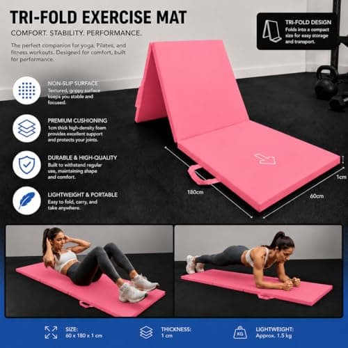 NORTHERN Yoga Mat Exercise Fitness Tri-Fold Foam Mat Extra Thick Non Slip Large Padded Stretching Home Gym Equipment Accessory 3 Folding Multi-Purpose Workout with Carrying Handle (Coral) — view 3