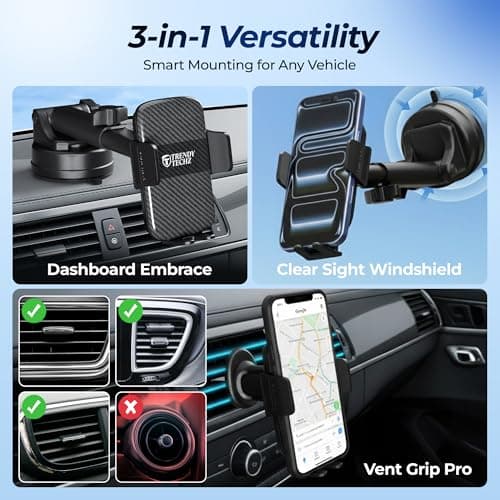 Car Phone Holder, 3-in-1 Universal Car Phone Mount for Dashboard, Windscreen & Air Vent, 360° Rotation, Strong Suction Cup, One Button Release, Compatible with iPhone, Samsung & Smartphones — view 5