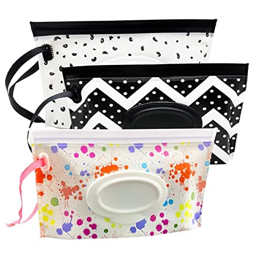 ULVBABI 3 Pack Portable Wet Wipe Pouch Dispenser, Reusable Baby Diaper Disposal Bags, Refillable Personal Travel Clutch Dispenser Holder (Wave, Feather & Tie-Dyed Pattern)