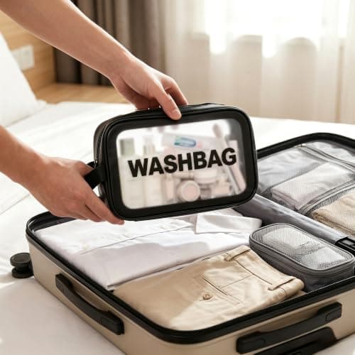 WUBAYI 5Pcs Clear Toiletry Bag, Waterproof PU Makeup Bag with Zipper Handle, Portable Airport Cosmetic Bag for Women & Men, Travel Accessories Wash Bag for Travelling & Holiday (Black) — view 6