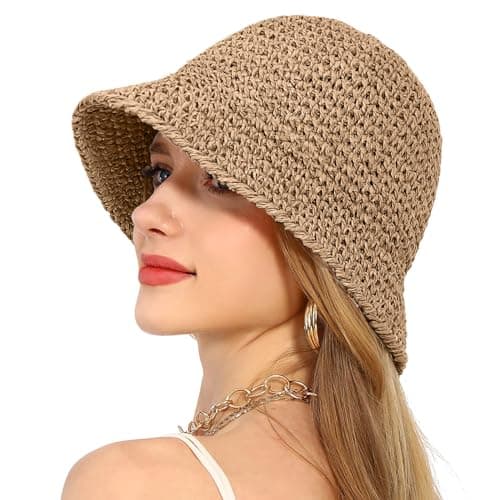 Handmade Women's Straw Hat with Wide Brim Protection for Beach Travel Packable Summer Cap with SPF 50+, khaki, One Size — view 2