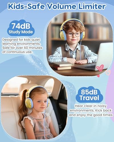 awatrue Kids Headphones, HK05 Headphones for Kids with 74/85db Safe Volume Limited, 135g, 3.5mm jack, Foldable Toddler Headphone for Girls/Yoto//Home/School/Travel/Tablet/Kindle, YellowBlue — view 3