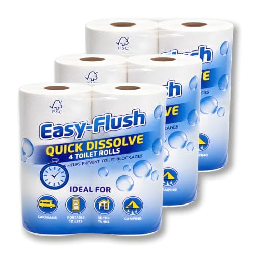 Easy Flush Soft 12 Toilet Rolls | Septic Tanks, Camping, Motorhome, caravans, Portable Toilets | 2ply | No Blocked drains | Quick Dissolve