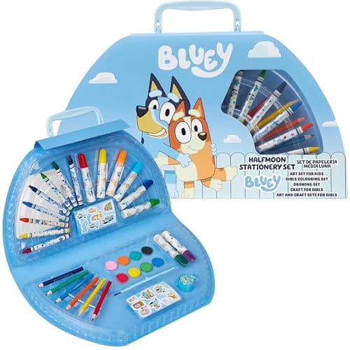 Bluey Art Set for Kids Colouring Pencils Paints Felt Tip Pens Crayons Stationery Crafts Girls Boys Art Supplies Preschool Travel 40 Plus Pcs Gift Set (Blue Halfmoon Case)
