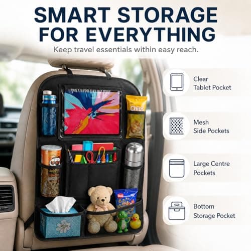 kefeimumu 2 Pcs Car Seat Organizer Backseat, Waterproof Car Back Organizer with Touch Screen Tablet Pocket, Anti-Dirty Kick Mat for Cars SUV Van Travel Accessories for Kids — view 4