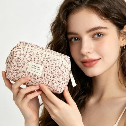 2 Pcs Small Cosmetic Bag, Rose Floral Canvas Makeup Bag, Multifunctional Travel Toiletry Bag, Flower Printing Corduroy Pencil Case for Women Girls Birthday Gift (Pink Flower) — view 6