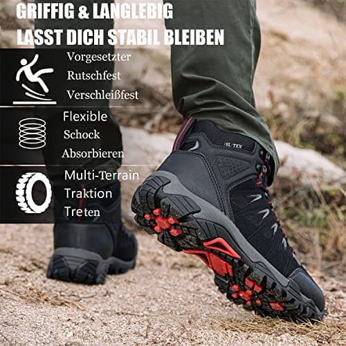 SHULOOK Men's hiking shoes, waterproof trekking shoes, non-slip high rise hiking boots, men's outdoor mountain shoes, ultralight trainers, camping, trekking, hiking, hiking boots, black red, 9 UK — view 4