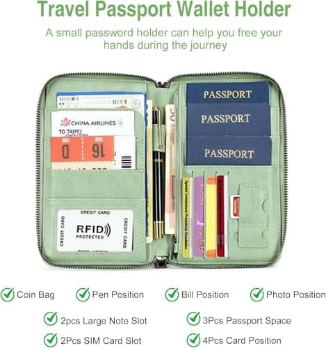Apradas Family Passport Holder Travel Wallet Green - RFID PU Leather Travel Document Holder for Men Women - Large Capacity Passport Wallet with Cards ID Window Ticket Slots (Green) — view 3