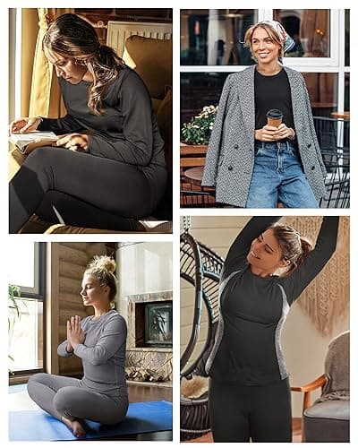 Roadbox Thermal Underwear Base Layer for Women Fleece Lined Crew Neck Long Johns Warm Top & Bootom Set Ski Winter Black — view 5
