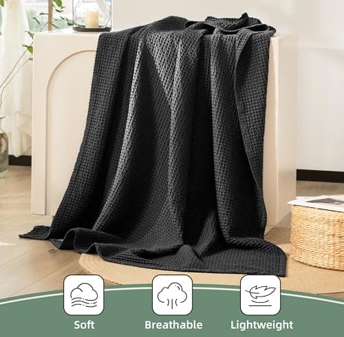 CHUFFED 100% Cotton Waffle Blanket Bed Throw Single Size-Throw Blanket for Bed Sofa Travel-Soft Lightweight Breathable Blankets and Throws for All Season Charcoal Throw 130x150cm — view 3