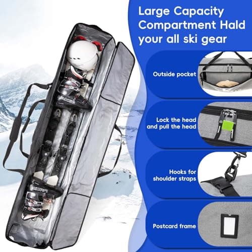 Kioqiear Rolling Ski Bag with Wheels for Air Travel,Padded Double Ski Bag to Hold 2 Pairs of Skis up to 175 or 190 cm. (Grey, 175cm) — view 4
