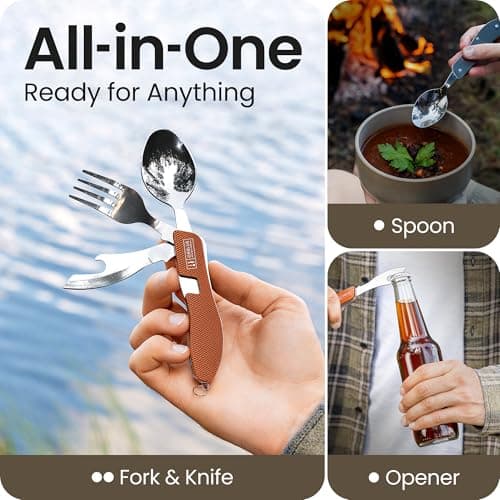 ORBLUE 4-in-1 Camping Cutlery Set 2-Pack – Stainless Steel Foldable Spoon Fork Knife Bottle Opener with Pouch – Portable Travel Cutlery & Camping Utensils for Hiking & Outdoor Use – Orange — view 2