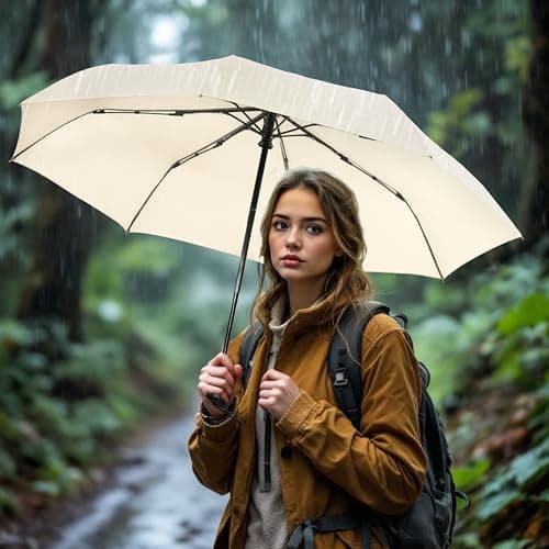 SoulRain Travel Umbrella - Windproof and Compact Umbrella for Rain - Perfect Large Auto Folding Umbrella - Ideal Car umbrella, Golf umbrella, and Travel Companion (Cream) — view 3