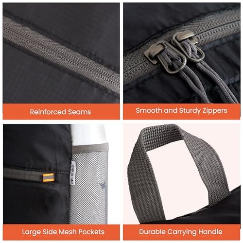 OW-Travel Lightweight Foldable Backpack, Packable Daypack 20l Black — view 2