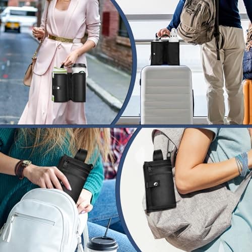 Yotako Suitcase Cup Holder, Portable Travel Cup Holder with Handle, Foldable, Black, Faux Leather, Holds Two Coffee Mugs & 3 Zippered Pockets for Beverages & Valuables, Airport Travel Accessory — view 6