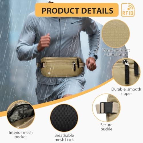 DiULi Bum Bag with RFID, RFID Blocking Anti-Theft Passport Holder Waist Bagfor Passport Holder Cash Phone, Hidden Travel Wallet for Secure Travel, Underclothes Bum Bag for Men & Women, Khaki — view 4