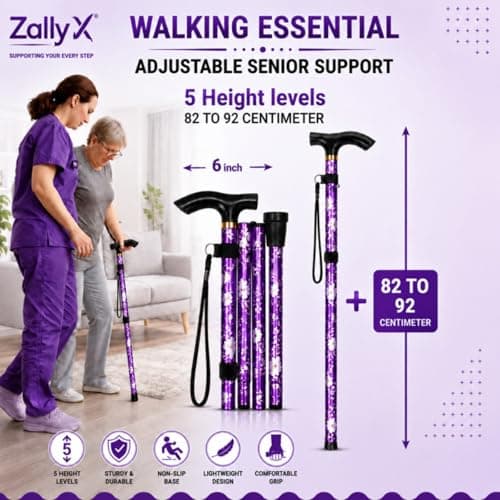 ZallyX Foldable Walking Sticks for Men & Women, 85–95cm Adjustable Ladies Walking Stick, Mobility aids, Collapsible walking stick For Elderly Adults (Purple Flower) — view 5