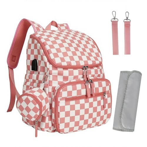 DEFAHN Baby Changing Bag Backpack, Checkered Nappy Bag Backpack with Mat