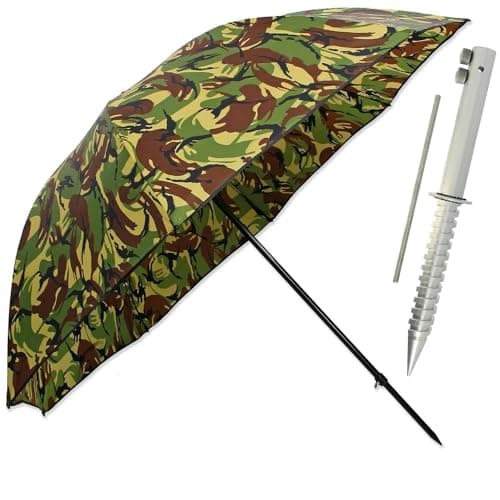DNA Leisure 45" Fishing Umbrella with Tilt Function + Brolly Ground Spike DPM Camo – Waterproof Angling Shelter Set for Carp & Coarse Fishing Anglers Accessories