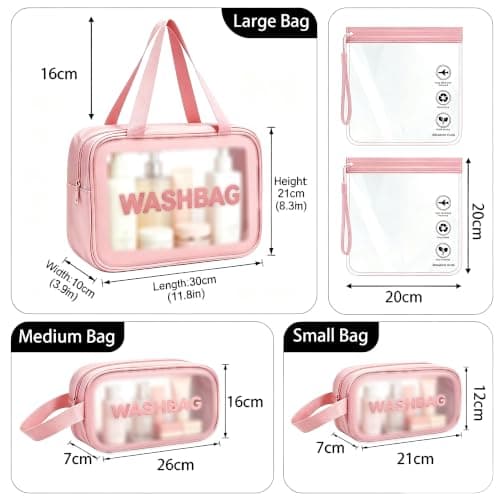 WUBAYI 5Pcs Clear Toiletry Bag, Waterproof PU Makeup Bag with Zipper Handle, Portable Airport Cosmetic Bag for Women & Men, Travel Accessories Wash Bag for Travelling & Holiday (Pink) — view 2
