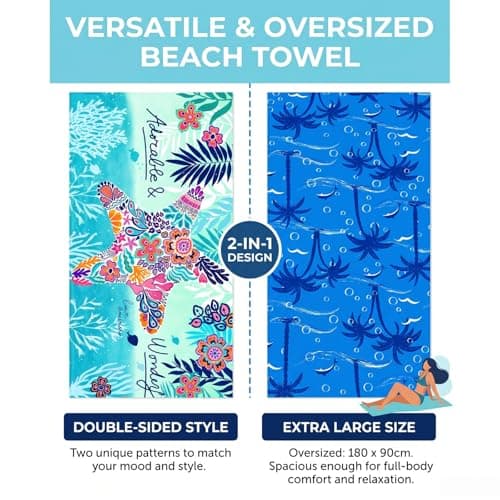 MXZWOC 2 Pack Microfibre Beach Towels, Extra Large 180 x 90 cm, Sand Free & Quick Dry Lightweight Travel Towels for Adults, Soft Absorbent Towels for Beach, Swimming, Gym & Holiday — view 3