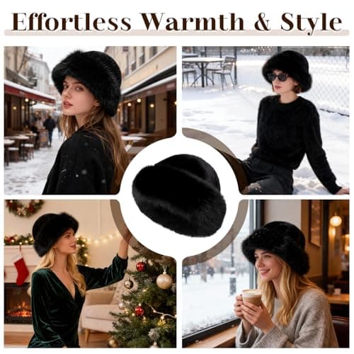 Faux Fur Bucket Hat for Women, Russian Style Winter Fluffy Fuzzy Ladies Hats Travel Hiking Work Home, Chapeau Fourrure Femme Winter Fashion Gift (Black) — view 5