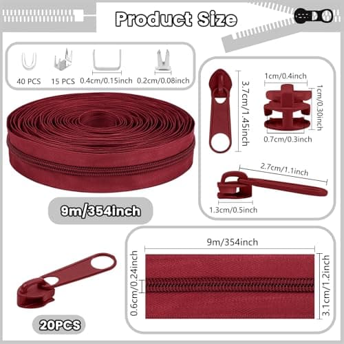 DOITEM #5 Nylon Coil Zippers by The Yard Bulk 10 Yards 9 Meters with 20pcs Zipper Sliders for DIY Sewing Tailor Craft Bag Garment Home Textile (Burgundy, #5) — view 2