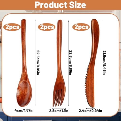 QyueQyat 6-piece Bamboo Cutlery Set with Forks Spoons Knives, Cutlery, Wooden Utensil for Dining, Portable Travel and — view 2
