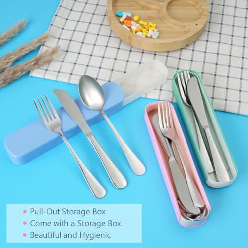 HOTUT Travel Cutlery Set, 3 PCS Cutlery Set with Portable Pouch Case, Reusable, Stainless Steel Flatware, Portable Utensils for Outdoor Travel Picnic Office School Lunch Box - Pink — view 3