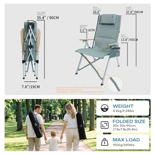 ARURU Aluminum Luxury Camping Chair for Adults Heavy Duty 150KG with 4-Position Adjustable High Back Folding Garden Patio Reclining Outdoor Recliner Deck Chair with Side Pocket(Cyan, 1Pack) — view 3