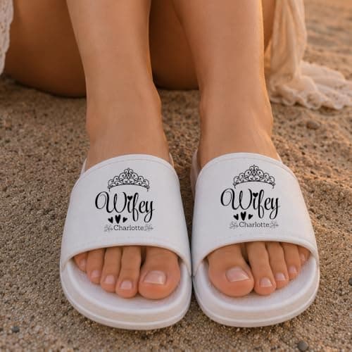 Be Buz Personalized Couple Slide Sandal, Custom Hubby Wifey Slippers with Names and EST Date, Matching Bridal Shower Honeymoon Wedding Gift Flip Flops — view 6