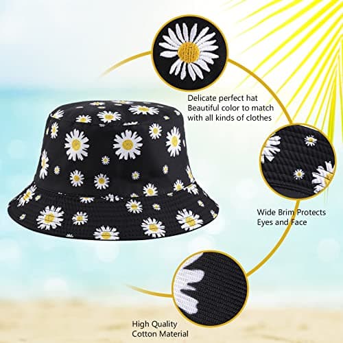 Sibba Summer Bucket Hat Packable Sailor Fisherman Caps for Fishing Golf Camping Travel Large Head Wide Brim Sun Protection Headwear Valentines Day for Men Women Teens Girls (Flower) Black — view 4