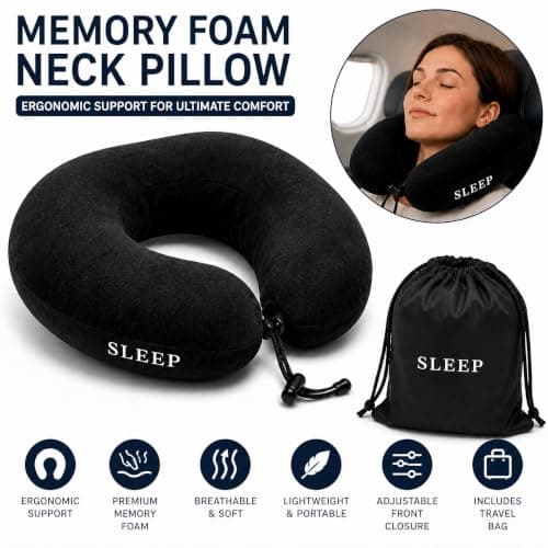 JYW Travel Comfort Set with Memory Foam Neck Pillow, Polar Fleece Blanket, 3D Sleep Eye Mask, 2 Pairs PU Ear Plugs & Oxford Storage Bag | Flight & Travel Accessories Kit | Black — view 2