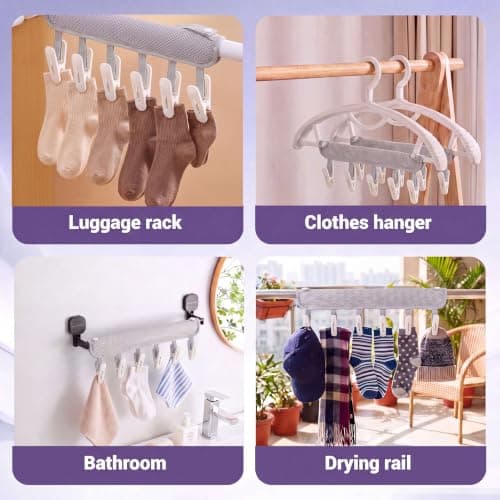 Travel Drying Hanger for Heated Clothes Airer & Clothes Drying Rack Washing line, Foldable Portable Sock Hangers for drying with 6 Laundry Pegs for Underwear Bra Towel Home Cruise Outdoor 2 Pack — view 6