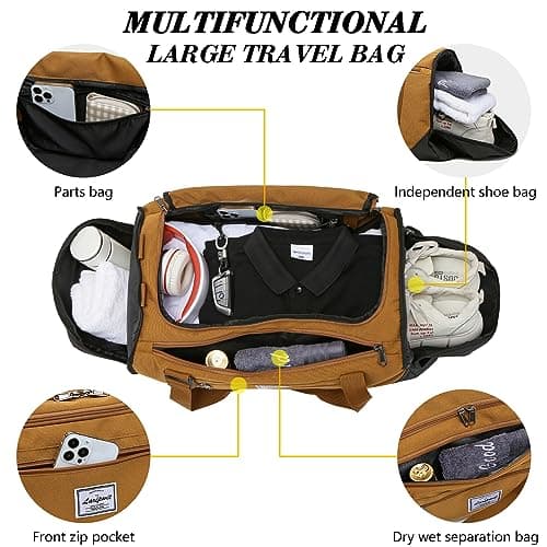 Laripwit Gym Bags for Men, 40L Medium Sports Duffle Bag with Shoe Compartment & Wet Pocket, Lightweight Duffel Bag Backpack Multipurpose Weekend Overnight Holdall Travel Bag Women, Brown — view 4