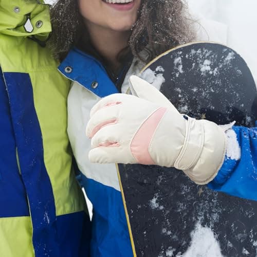 Andiker Women Waterproof Ski Gloves, Winter Touchscreen Thermal Gloves with Fleece, Windproof Snowboard Glove for Skiing Running and Cycling (Beige-pink) — view 6