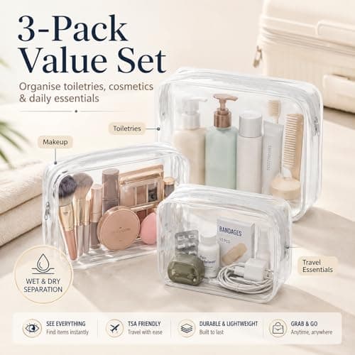 3 Pack Clear Travel Toiletry Bags, Multi-Size PVC Pouches with Strong Zip — view 5