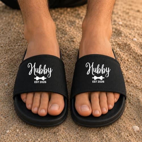Be Buz Personalized Couple Slide Sandal, Custom Hubby Wifey Slippers with Names and EST Date, Matching Bridal Shower Honeymoon Wedding Gift Flip Flops — view 3